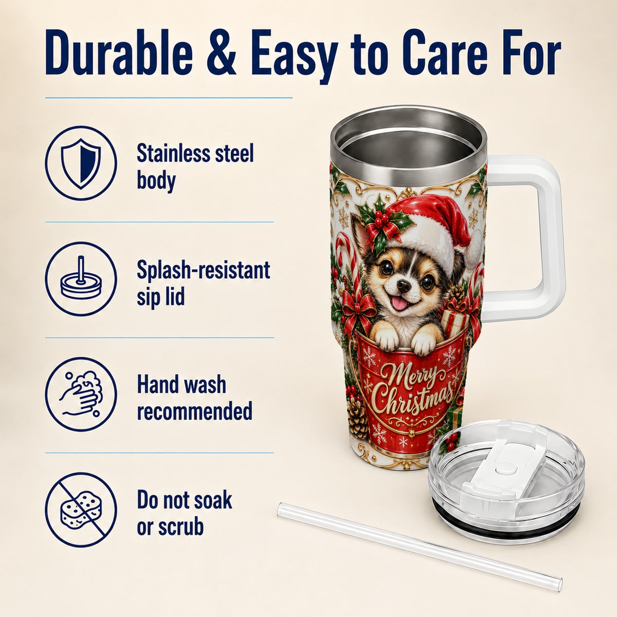 Christmas Chihuahua 40oz Tumbler with Handle, Ornate Santa Puppy Art