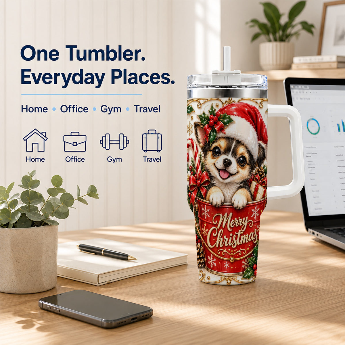 Christmas Chihuahua 40oz Tumbler with Handle, Ornate Santa Puppy Art