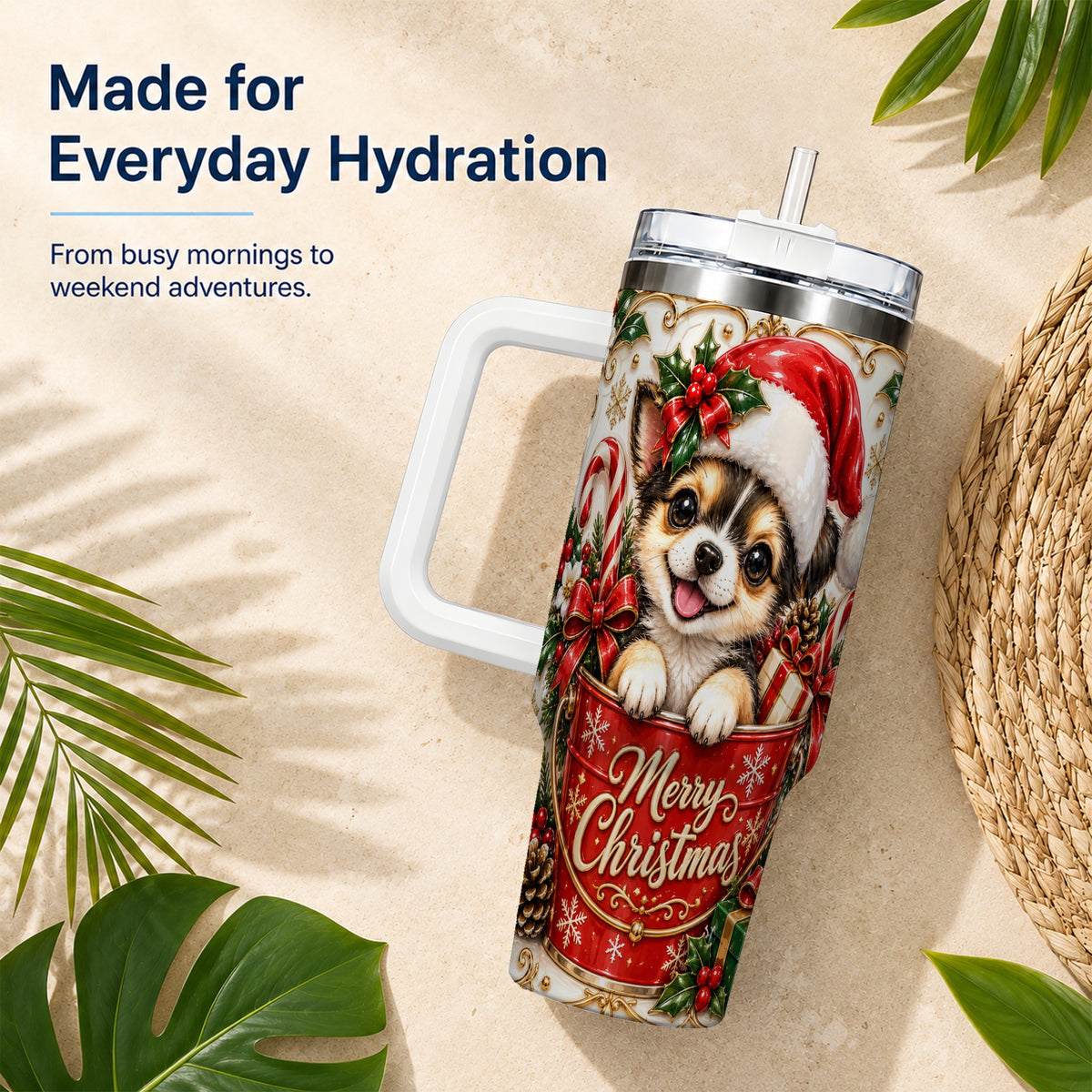 Christmas Chihuahua 40oz Tumbler with Handle, Ornate Santa Puppy Art