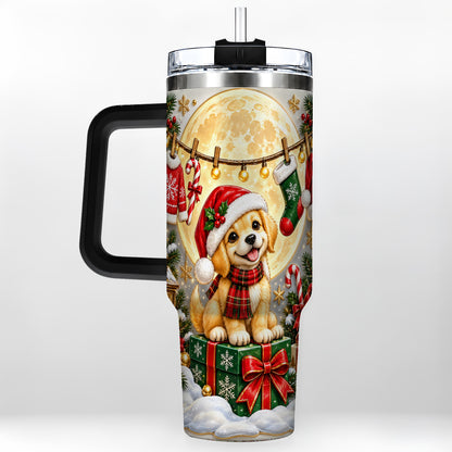 #pl[40oz|Black] Christmas Golden Retriever 40oz Tumbler with Handle, Santa Puppy Art