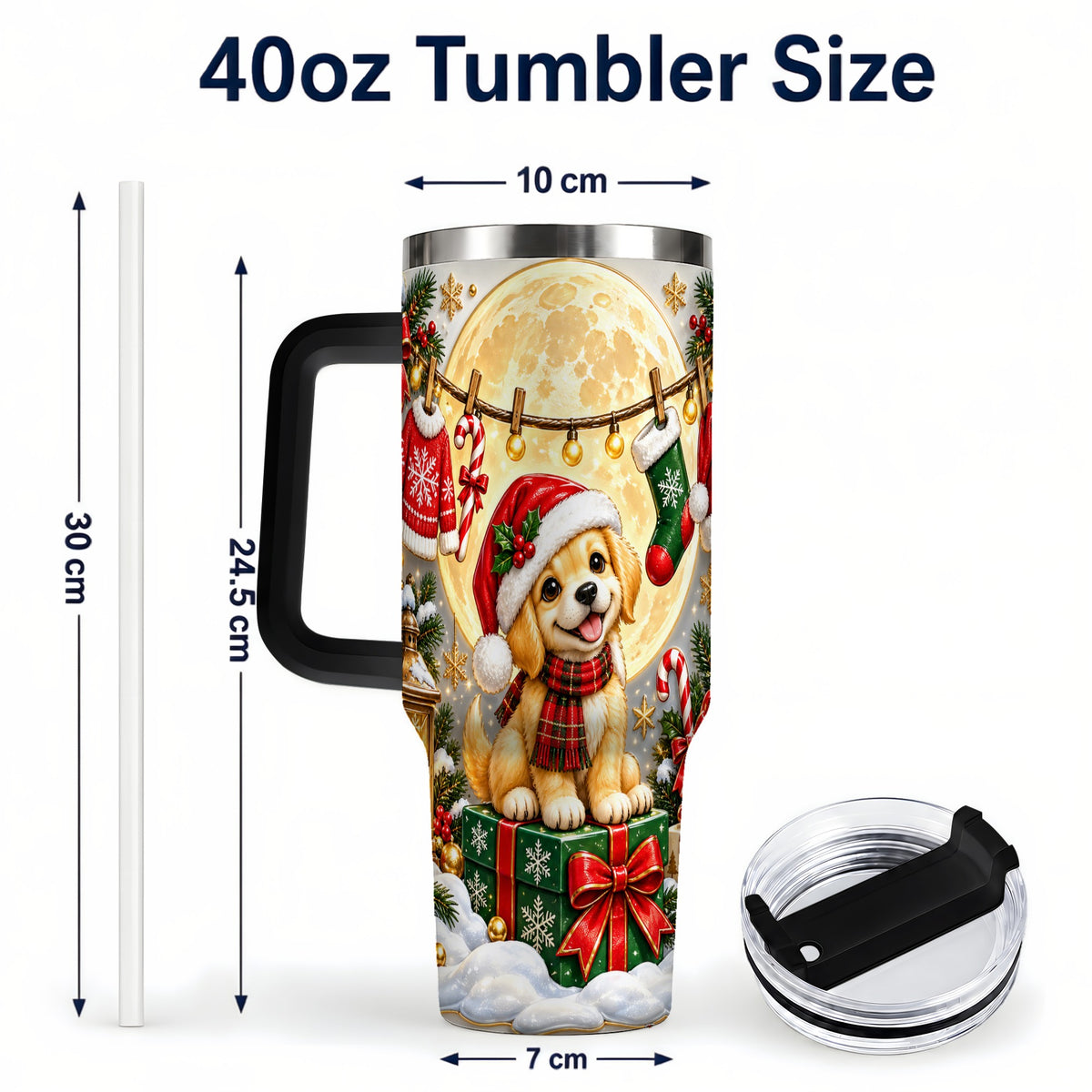 #pl[40oz|Black] Christmas Golden Retriever 40oz Tumbler with Handle, Santa Puppy Art
