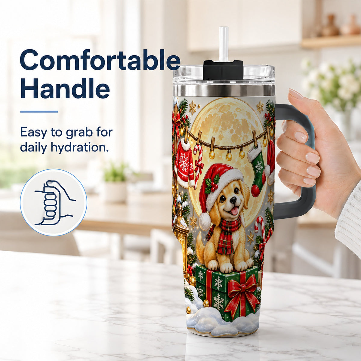 #pl[40oz|Black] Christmas Golden Retriever 40oz Tumbler with Handle, Santa Puppy Art