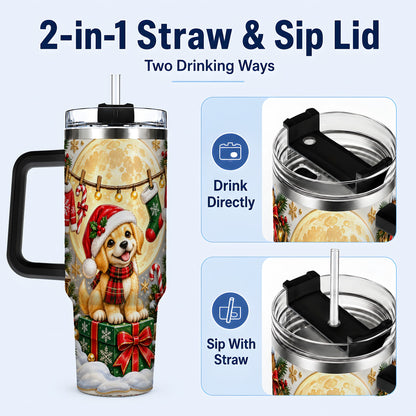 #pl[40oz|Black] Christmas Golden Retriever 40oz Tumbler with Handle, Santa Puppy Art