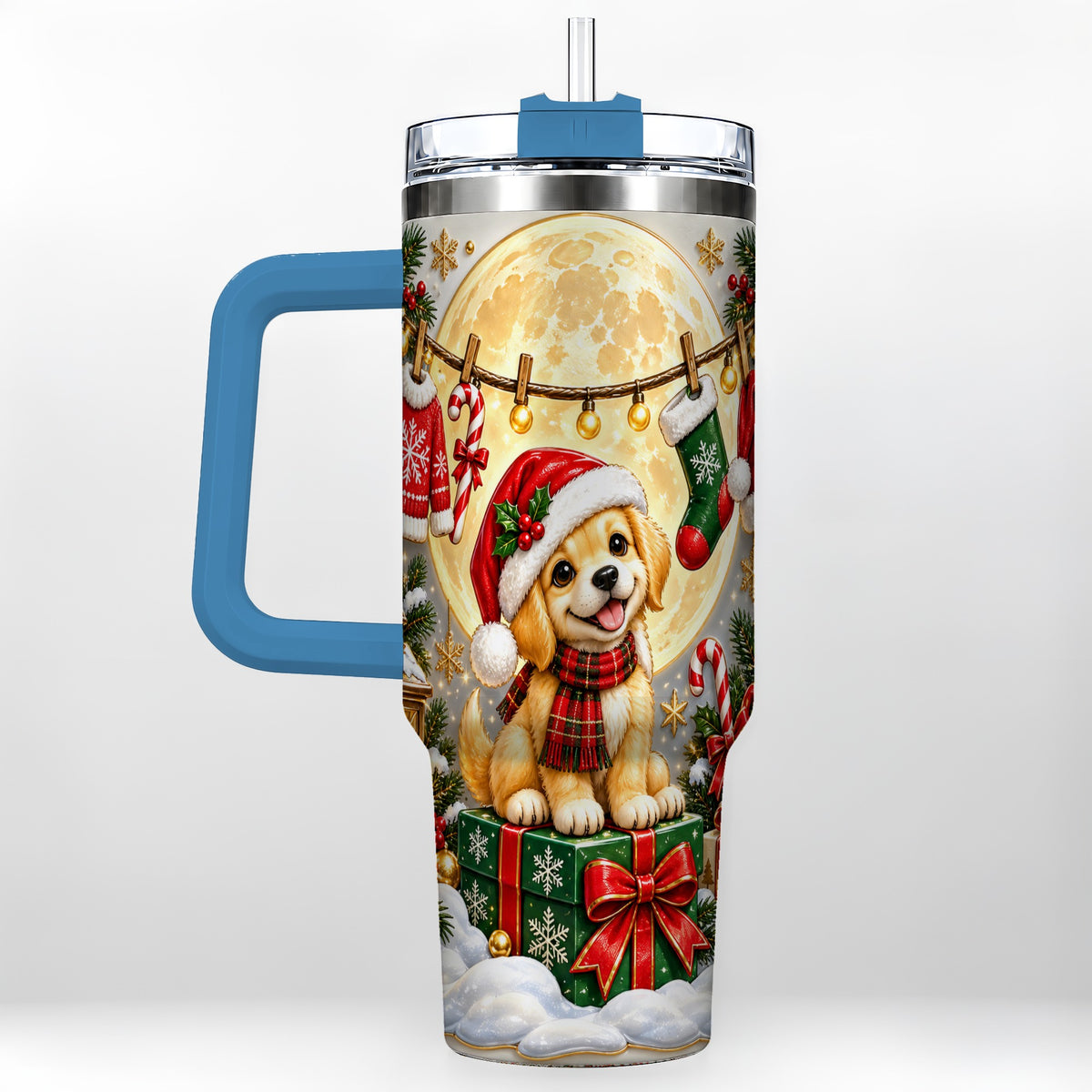 #pl[40oz|Blue] Christmas Golden Retriever 40oz Tumbler with Handle, Santa Puppy Art