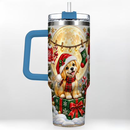 #pl[40oz|Blue] Christmas Golden Retriever 40oz Tumbler with Handle, Santa Puppy Art