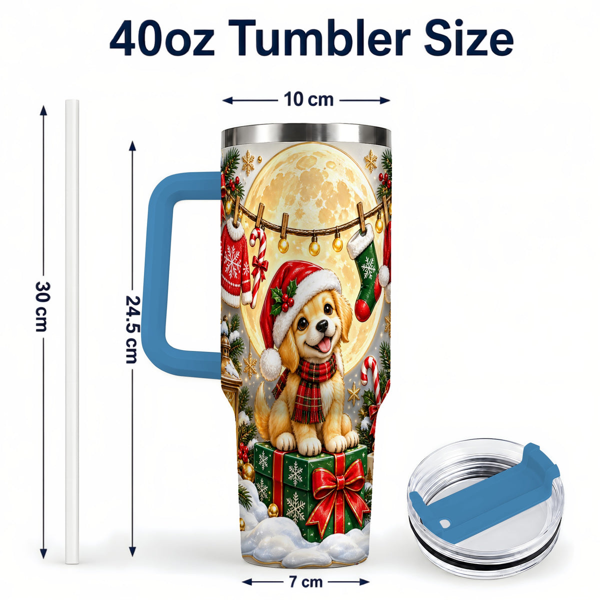 #pl[40oz|Blue] Christmas Golden Retriever 40oz Tumbler with Handle, Santa Puppy Art