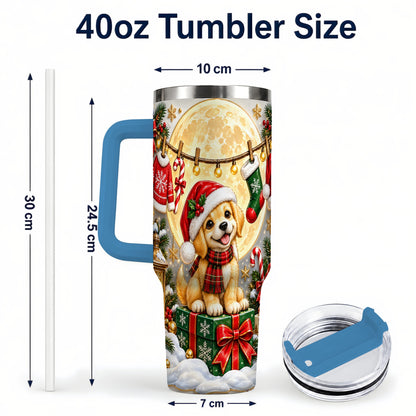 #pl[40oz|Blue] Christmas Golden Retriever 40oz Tumbler with Handle, Santa Puppy Art