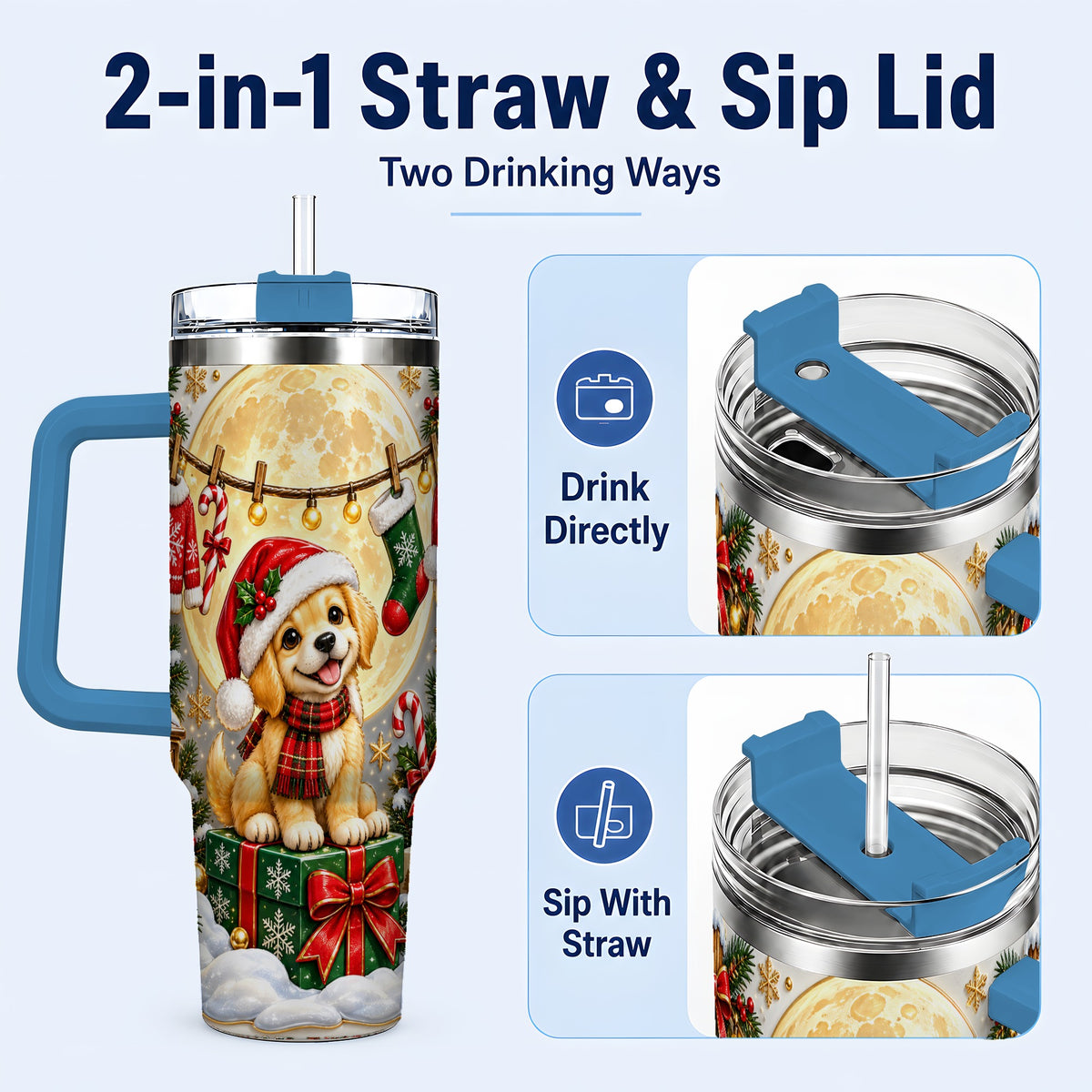 #pl[40oz|Blue] Christmas Golden Retriever 40oz Tumbler with Handle, Santa Puppy Art