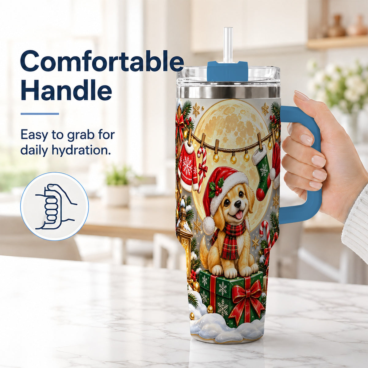 #pl[40oz|Blue] Christmas Golden Retriever 40oz Tumbler with Handle, Santa Puppy Art