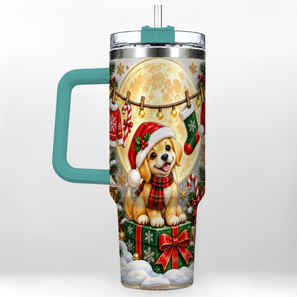 #pl[40oz|Green] Christmas Golden Retriever 40oz Tumbler with Handle, Santa Puppy Art