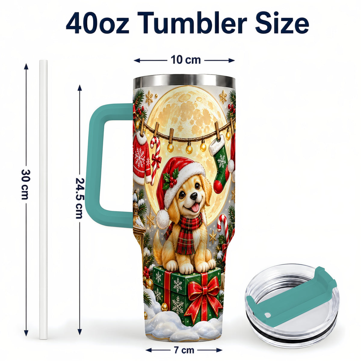 #pl[40oz|Green] Christmas Golden Retriever 40oz Tumbler with Handle, Santa Puppy Art