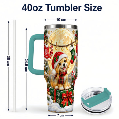 #pl[40oz|Green] Christmas Golden Retriever 40oz Tumbler with Handle, Santa Puppy Art