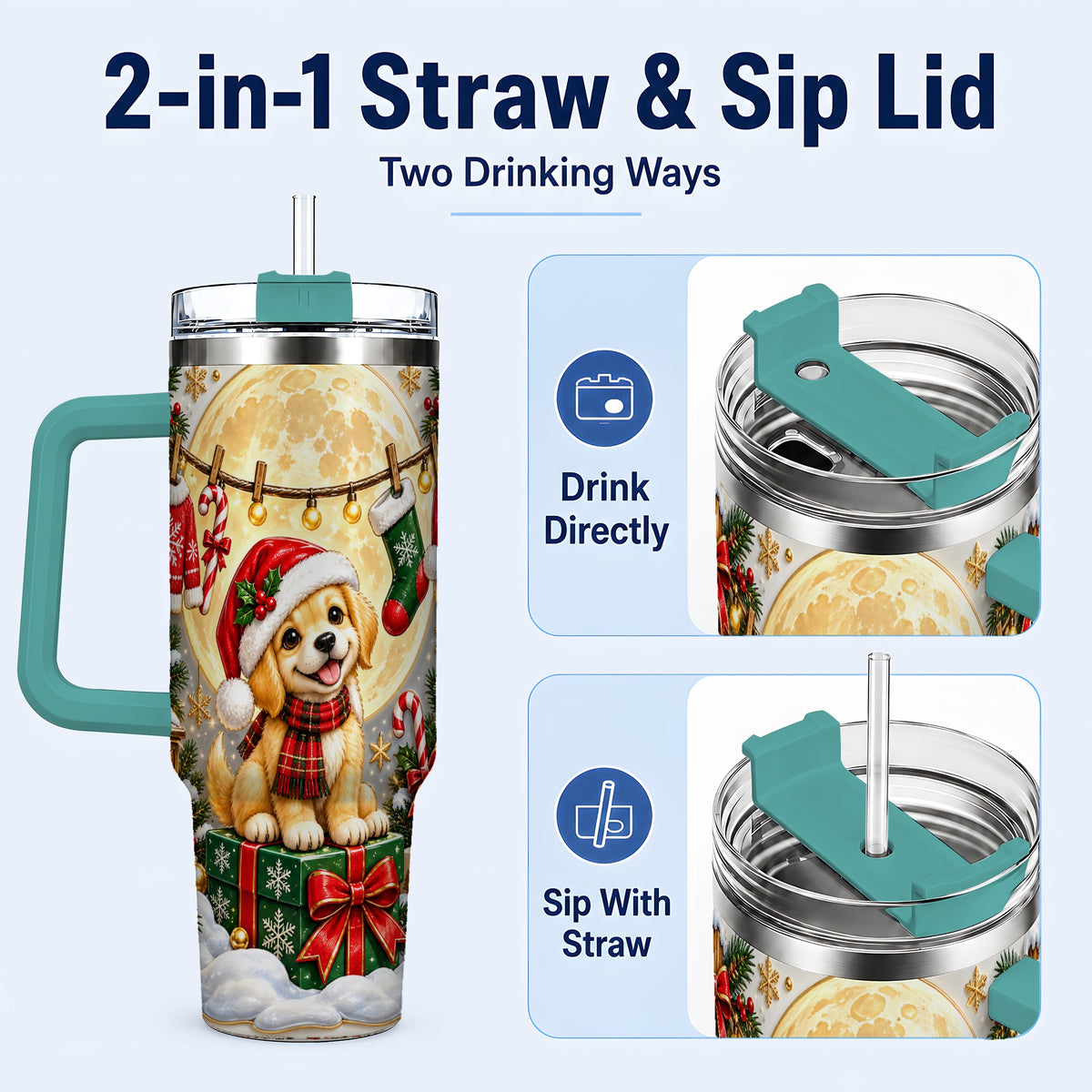 #pl[40oz|Green] Christmas Golden Retriever 40oz Tumbler with Handle, Santa Puppy Art