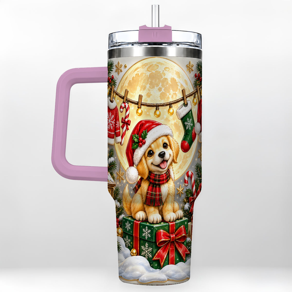 #pl[40oz|Pink] Christmas Golden Retriever 40oz Tumbler with Handle, Santa Puppy Art