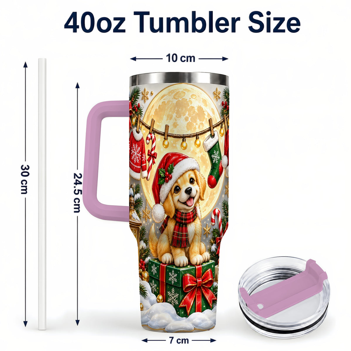 #pl[40oz|Pink] Christmas Golden Retriever 40oz Tumbler with Handle, Santa Puppy Art
