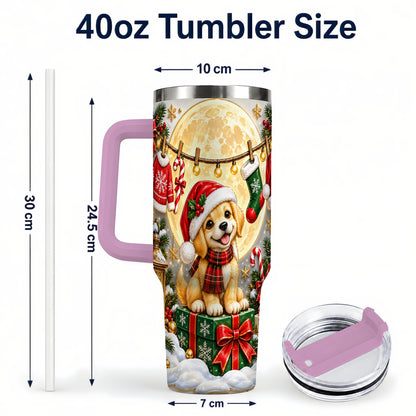 #pl[40oz|Pink] Christmas Golden Retriever 40oz Tumbler with Handle, Santa Puppy Art