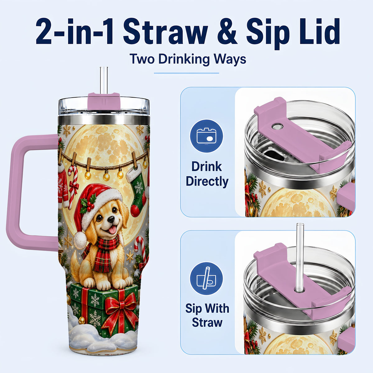 #pl[40oz|Pink] Christmas Golden Retriever 40oz Tumbler with Handle, Santa Puppy Art