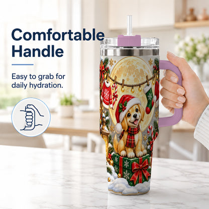 #pl[40oz|Pink] Christmas Golden Retriever 40oz Tumbler with Handle, Santa Puppy Art
