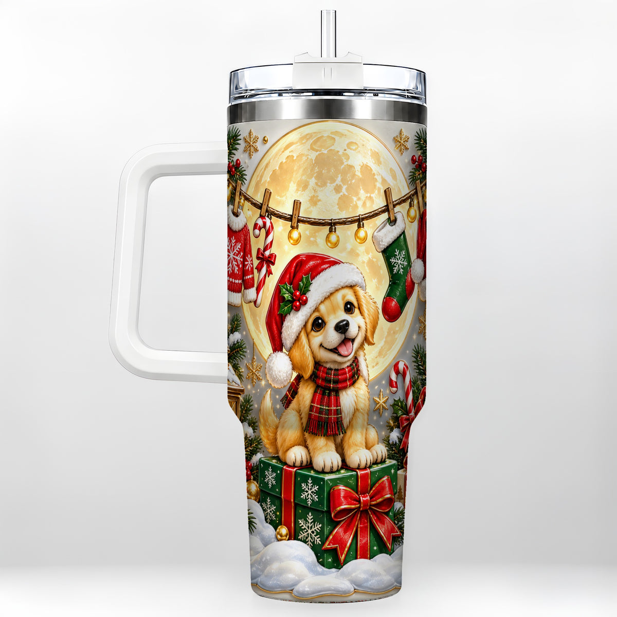 Christmas Golden Retriever 40oz Tumbler with Handle, Santa Puppy Art