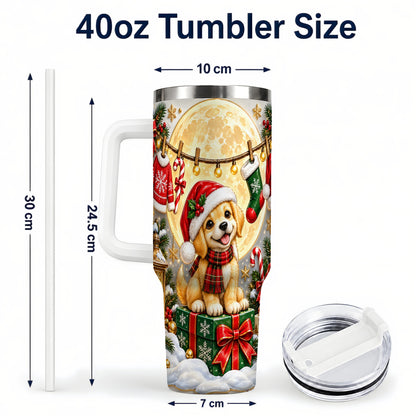 #pl[40oz|White] Christmas Golden Retriever 40oz Tumbler with Handle, Santa Puppy Art