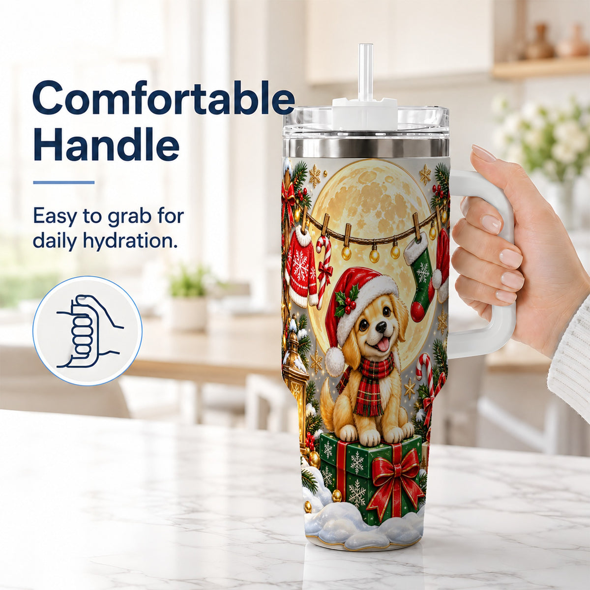 #pl[40oz|White] Christmas Golden Retriever 40oz Tumbler with Handle, Santa Puppy Art