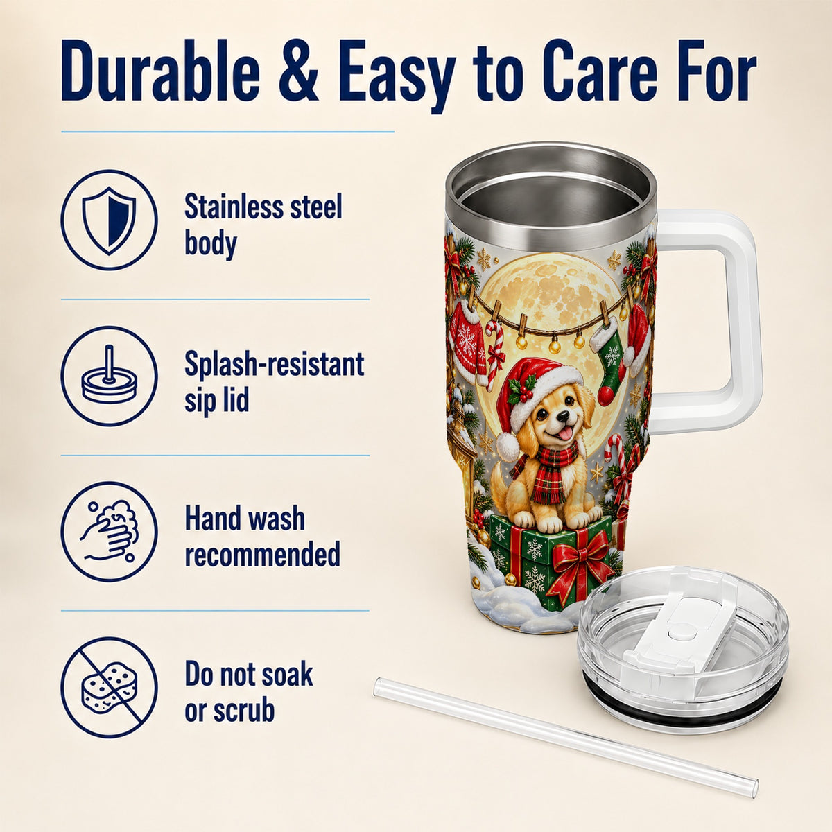 Christmas Golden Retriever 40oz Tumbler with Handle, Santa Puppy Art