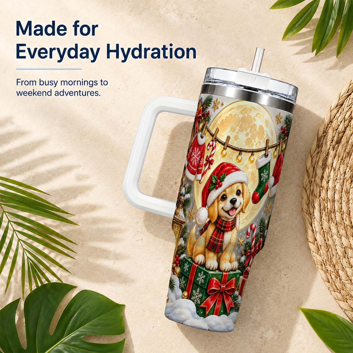 Christmas Golden Retriever 40oz Tumbler with Handle, Santa Puppy Art