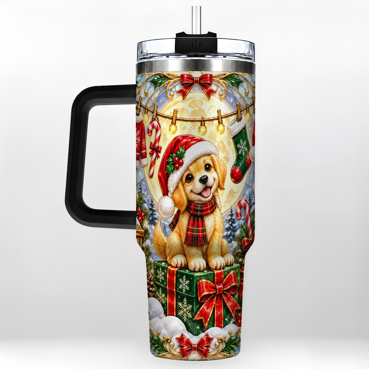 #pl[40oz|Black] Christmas Golden Retriever 40oz Tumbler with Handle, Ornate Puppy Art