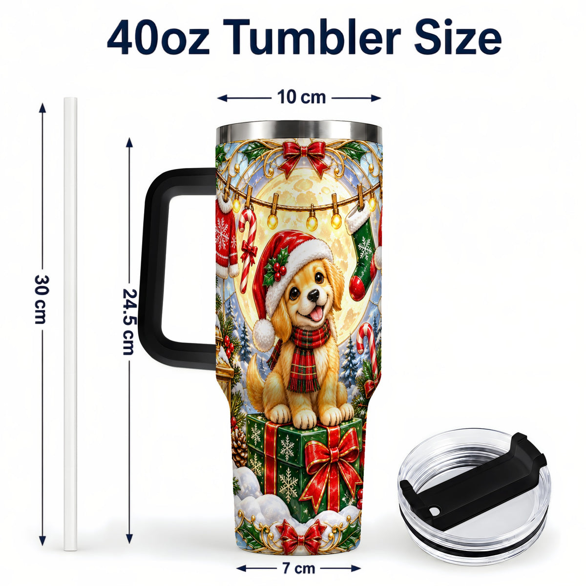 #pl[40oz|Black] Christmas Golden Retriever 40oz Tumbler with Handle, Ornate Puppy Art
