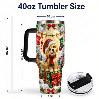 #pl[40oz|Black] Christmas Golden Retriever 40oz Tumbler with Handle, Ornate Puppy Art