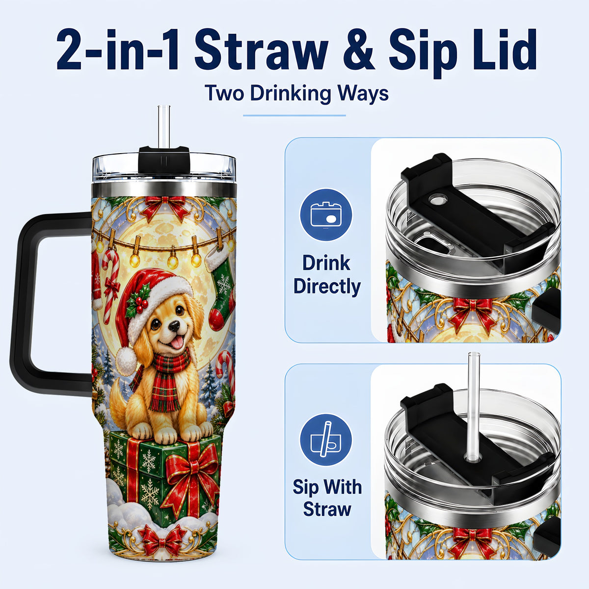 #pl[40oz|Black] Christmas Golden Retriever 40oz Tumbler with Handle, Ornate Puppy Art