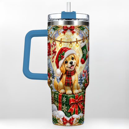 #pl[40oz|Blue] Christmas Golden Retriever 40oz Tumbler with Handle, Ornate Puppy Art