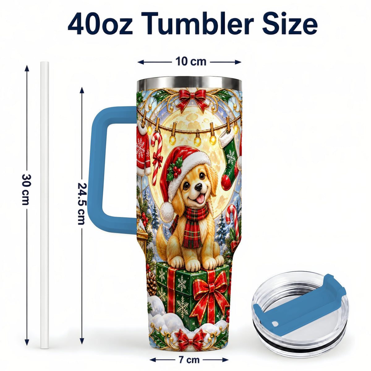 #pl[40oz|Blue] Christmas Golden Retriever 40oz Tumbler with Handle, Ornate Puppy Art