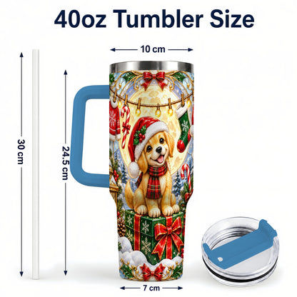 #pl[40oz|Blue] Christmas Golden Retriever 40oz Tumbler with Handle, Ornate Puppy Art