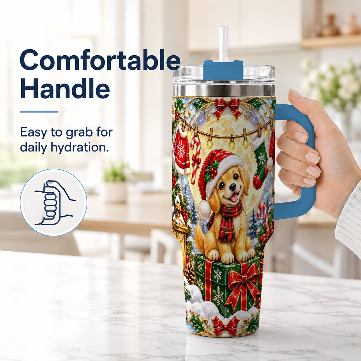 #pl[40oz|Blue] Christmas Golden Retriever 40oz Tumbler with Handle, Ornate Puppy Art