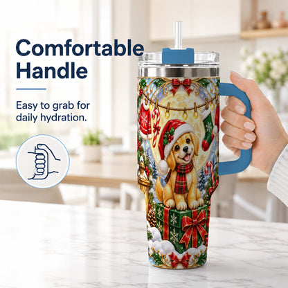 #pl[40oz|Blue] Christmas Golden Retriever 40oz Tumbler with Handle, Ornate Puppy Art