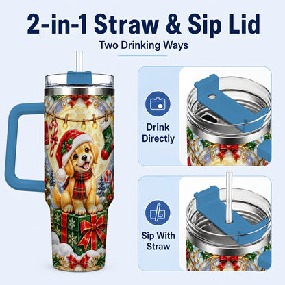 #pl[40oz|Blue] Christmas Golden Retriever 40oz Tumbler with Handle, Ornate Puppy Art