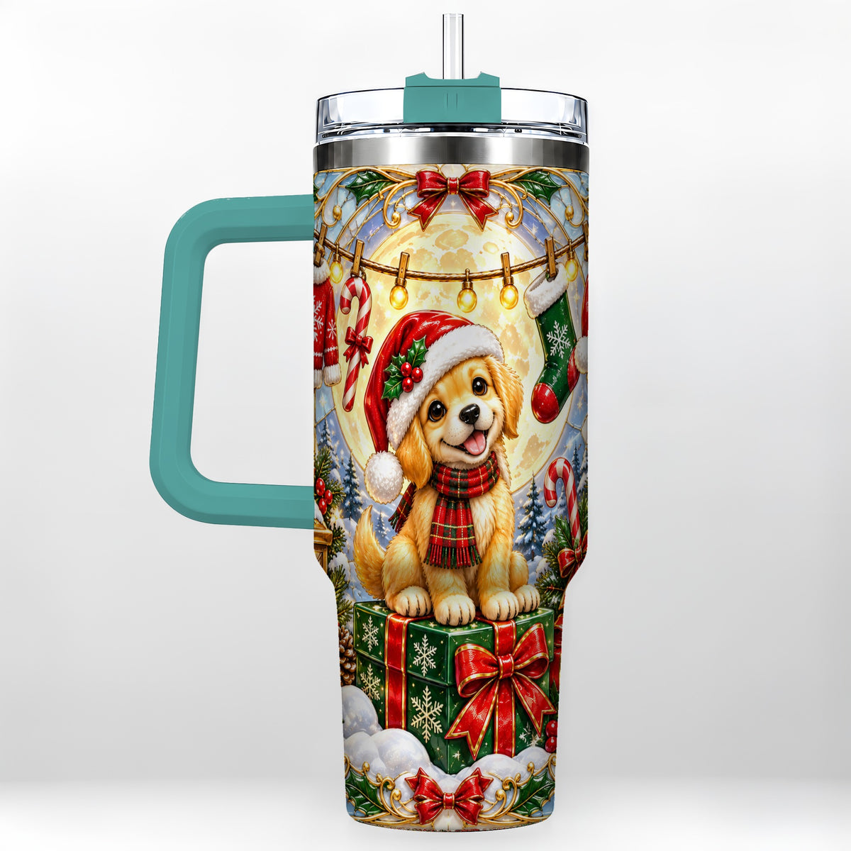 #pl[40oz|Green] Christmas Golden Retriever 40oz Tumbler with Handle, Ornate Puppy Art