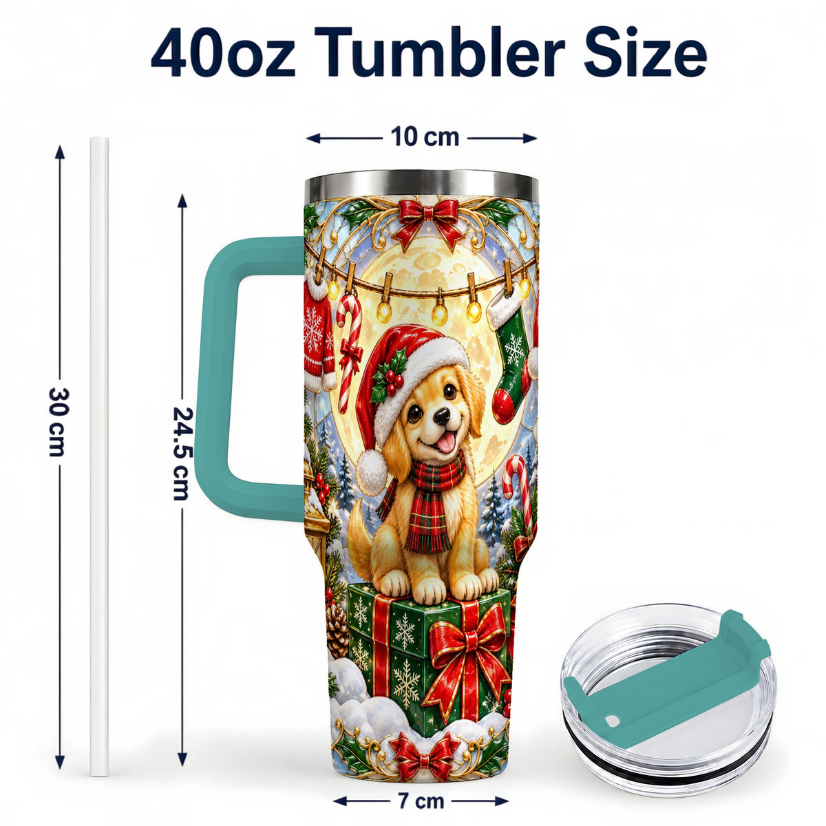 #pl[40oz|Green] Christmas Golden Retriever 40oz Tumbler with Handle, Ornate Puppy Art