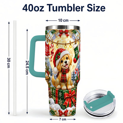 #pl[40oz|Green] Christmas Golden Retriever 40oz Tumbler with Handle, Ornate Puppy Art