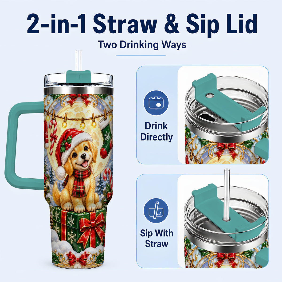 #pl[40oz|Green] Christmas Golden Retriever 40oz Tumbler with Handle, Ornate Puppy Art