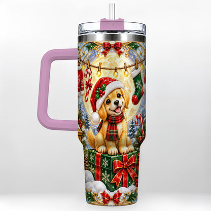 #pl[40oz|Pink] Christmas Golden Retriever 40oz Tumbler with Handle, Ornate Puppy Art