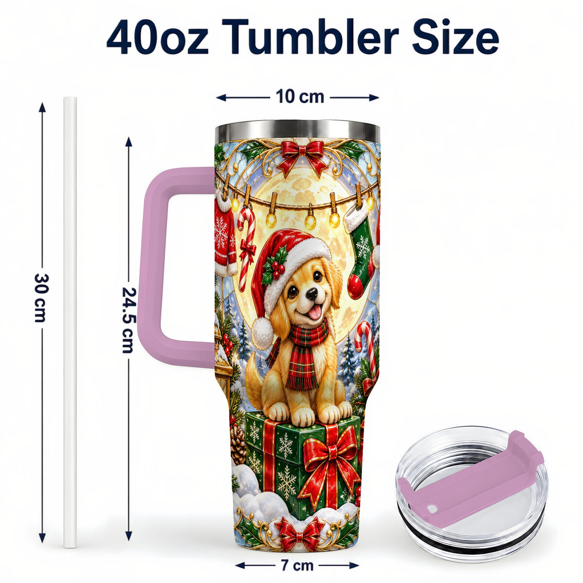 #pl[40oz|Pink] Christmas Golden Retriever 40oz Tumbler with Handle, Ornate Puppy Art