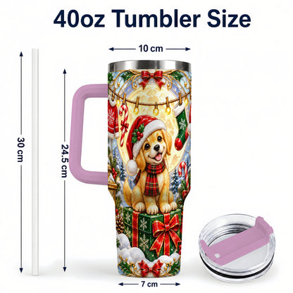 #pl[40oz|Pink] Christmas Golden Retriever 40oz Tumbler with Handle, Ornate Puppy Art