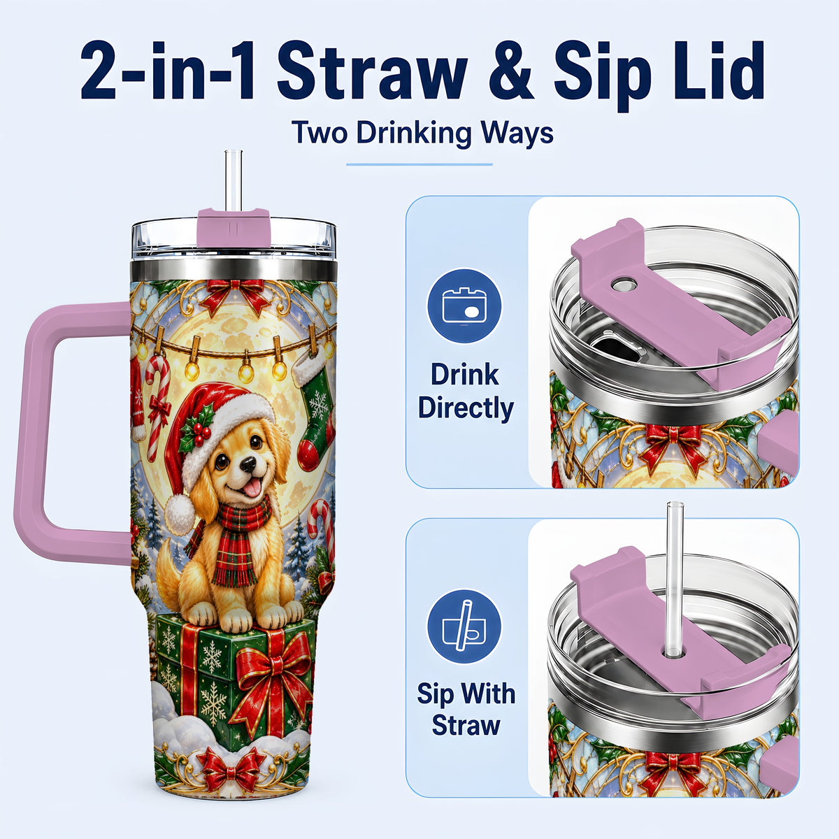 #pl[40oz|Pink] Christmas Golden Retriever 40oz Tumbler with Handle, Ornate Puppy Art