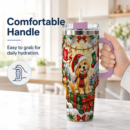 #pl[40oz|Pink] Christmas Golden Retriever 40oz Tumbler with Handle, Ornate Puppy Art