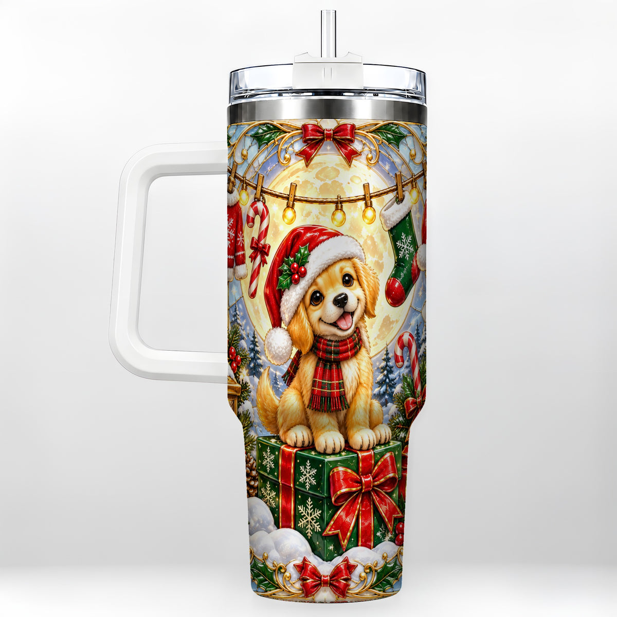 Christmas Golden Retriever 40oz Tumbler with Handle, Ornate Puppy Art