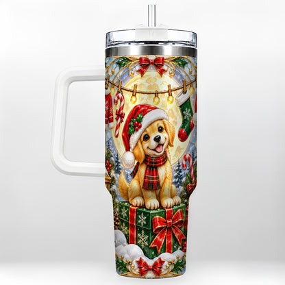 Christmas Golden Retriever 40oz Tumbler with Handle, Ornate Puppy Art
