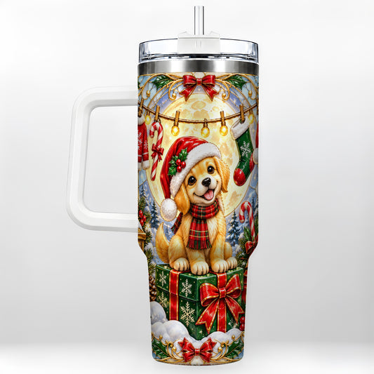 Christmas Golden Retriever 40oz Tumbler with Handle, Ornate Puppy Art