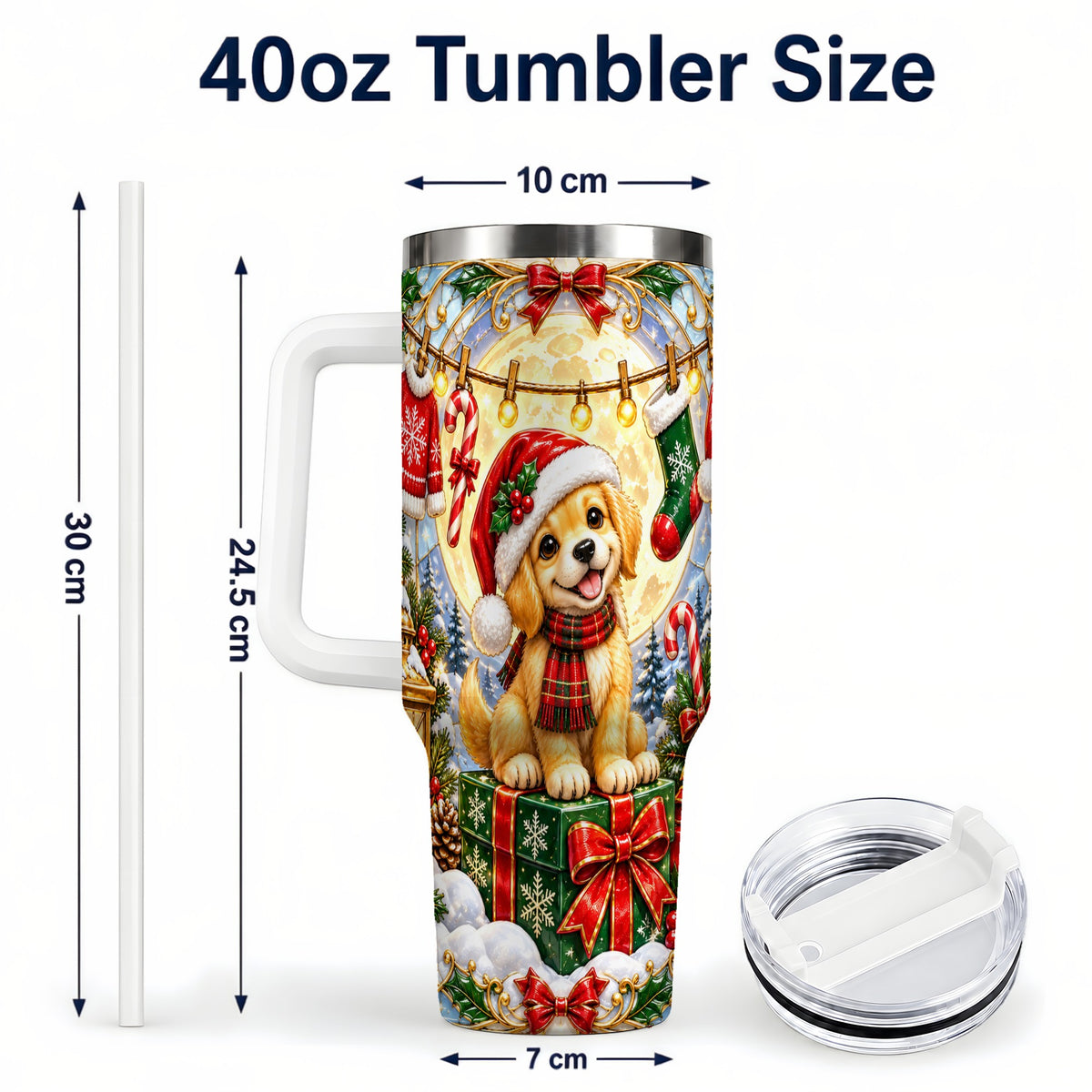 #pl[40oz|White] Christmas Golden Retriever 40oz Tumbler with Handle, Ornate Puppy Art